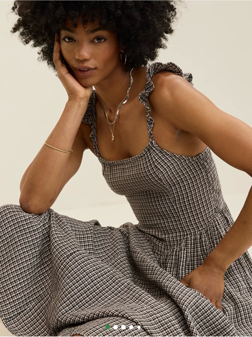 Smocked Gingham Midi Dress with Ruffled Straps in Black & White
